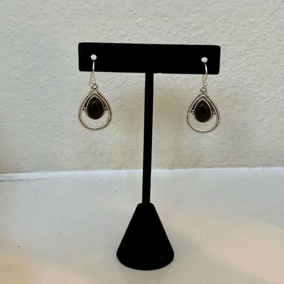 Southwestern Oval Framed Genuine Black Onyx 925 Sterling Silver Dangle Earrings - Picture 1 of 3